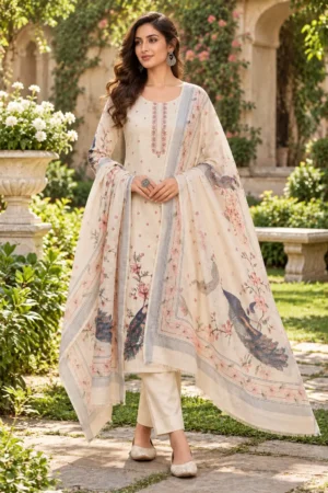 Peacock Print Suit - Premium Cotton - Off White